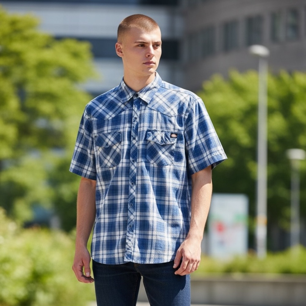 Summer Plaid Short Sleeve Button Down W/ Blue Pearl Snaps & Pockets (Size L)